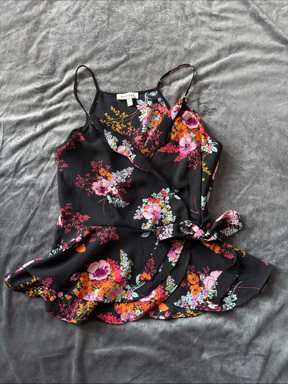 Monteau Black Floral Wrap Peplum Sleeveless Blouse
